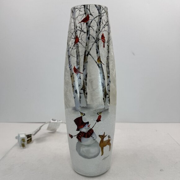 Stony Creek Lighted Glass Snowman Vase 12" Cardinals Deer Winter Scene BFX8209 - Picture 9 of 12